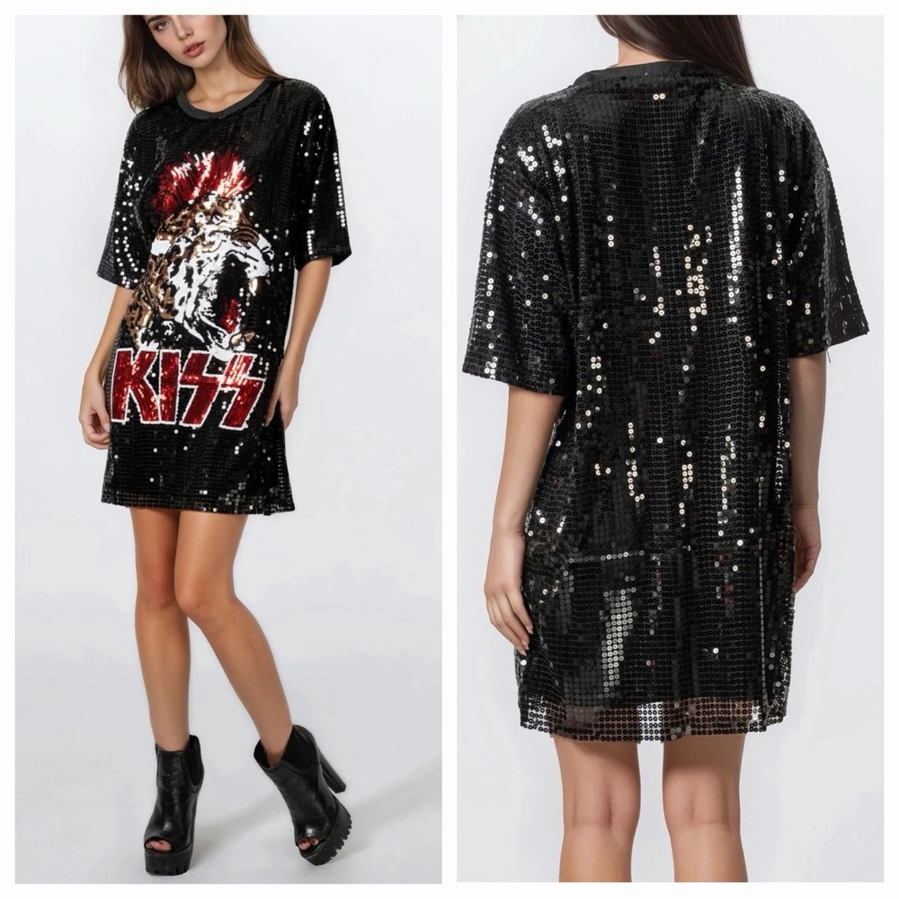 Kate Hewko Sequin KISS Graphic Leopard Black Dress OS Glam Rock Band Indie